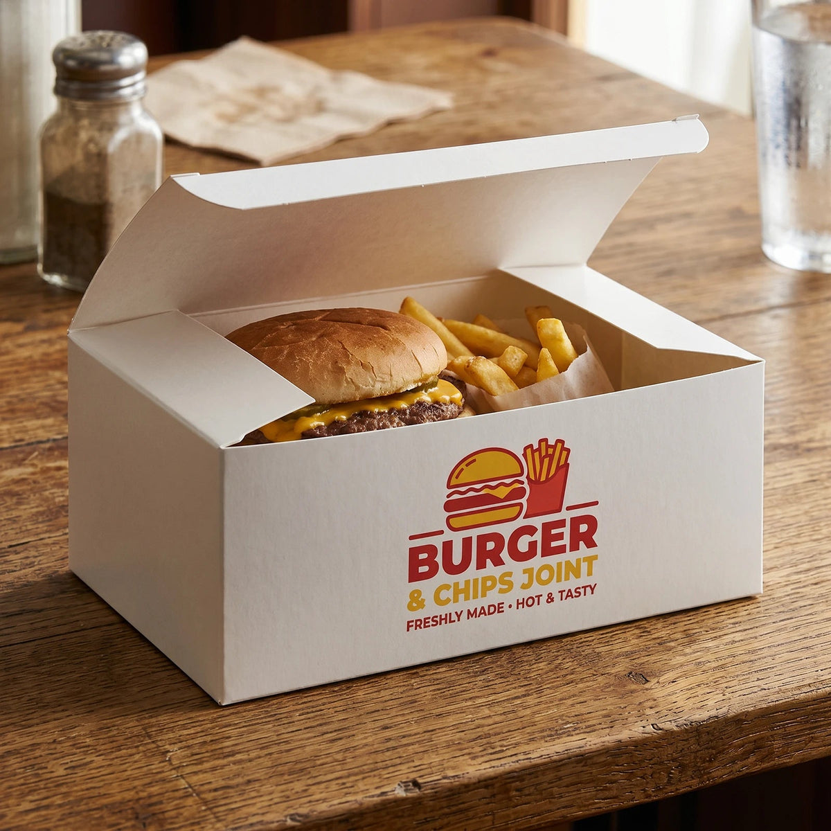 Baskılı Beyaz Hamburger Menü Kutusu - Dip Kilit Yapıştırmalı